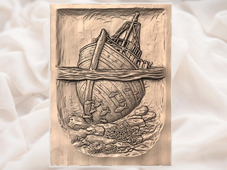 Sinking Shipwreck Above and Below the Waterline Relief STL bas-relief STL — view 3