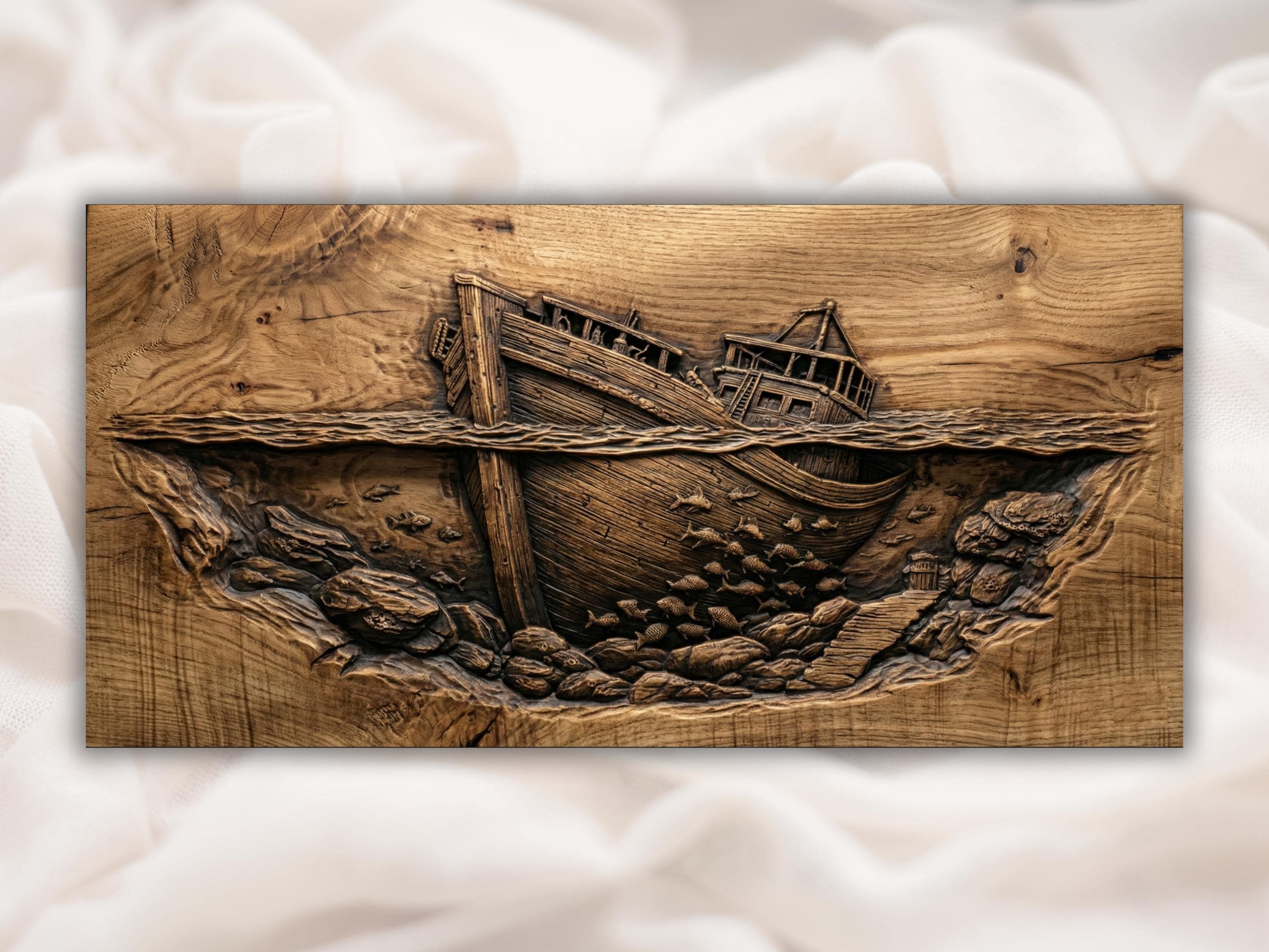 Bas-relief wood carving of a sunken shipwreck lying on its side with fish swimming over rocks below