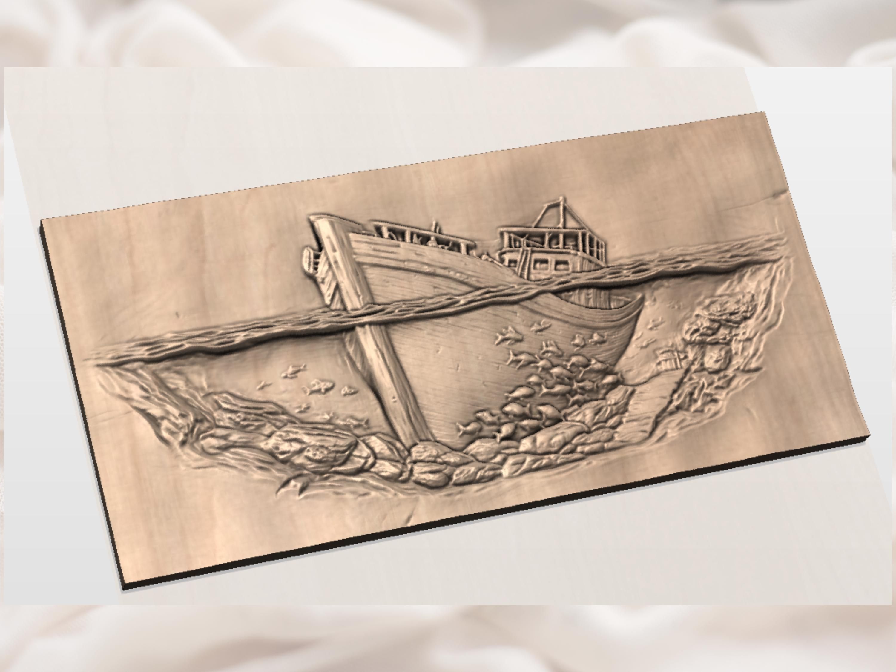 Sunken Shipwreck and Fish Bas-Relief STL for CNC Carving bas-relief STL — view 2