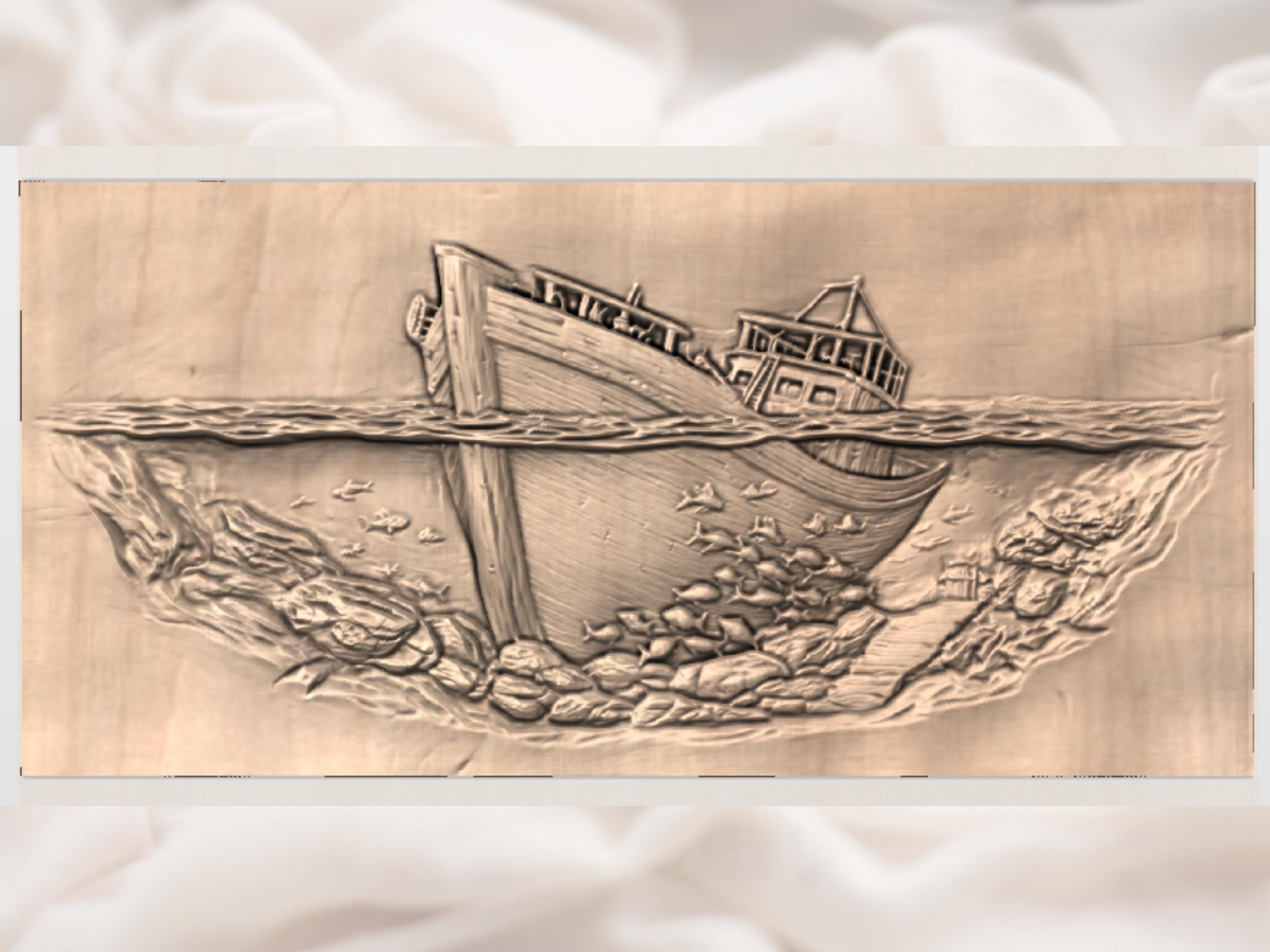 Sunken Shipwreck and Fish Bas-Relief STL for CNC Carving bas-relief STL — view 3