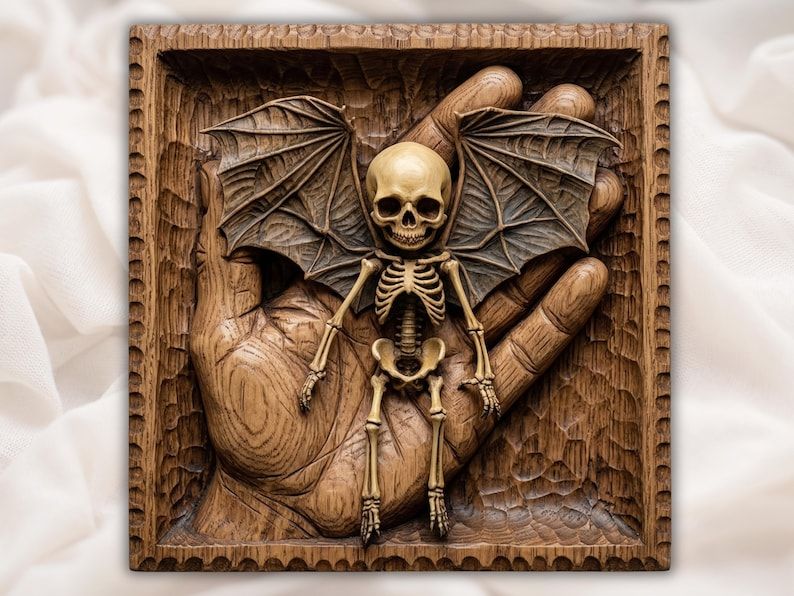 Bas-relief wood carving of a winged bat skeleton resting in an open carved human hand inside a framed panel