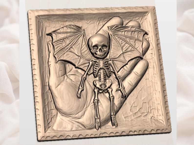 Winged Bat Skeleton Cradled in a Carved Hand Relief bas-relief STL — view 2