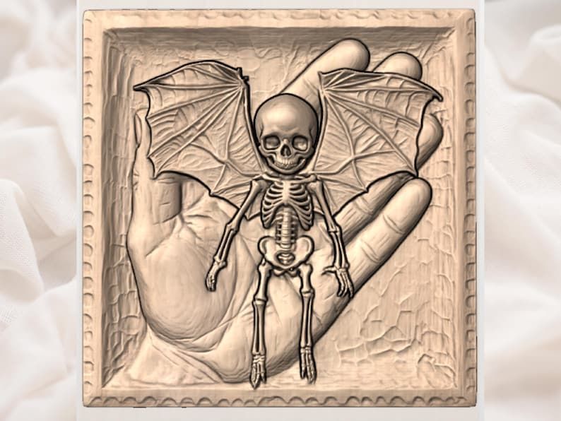 Winged Bat Skeleton Cradled in a Carved Hand Relief bas-relief STL — view 3