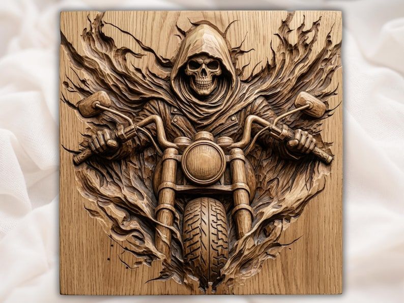 Carved wood bas-relief of a hooded grim reaper skull riding a motorcycle through swirling flames