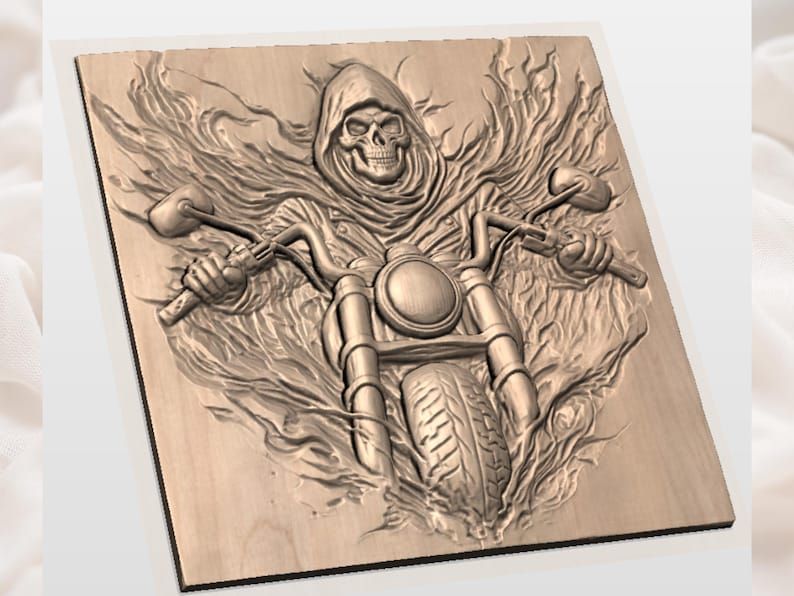 Grim Reaper Biker on Motorcycle Bursting Through Flames STL bas-relief STL — view 2