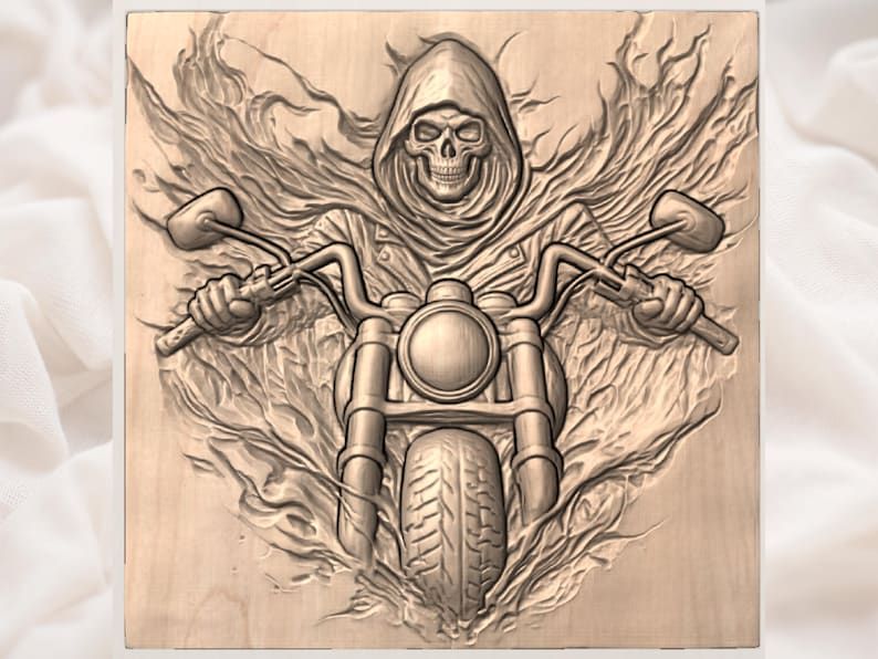 Grim Reaper Biker on Motorcycle Bursting Through Flames STL bas-relief STL — view 3