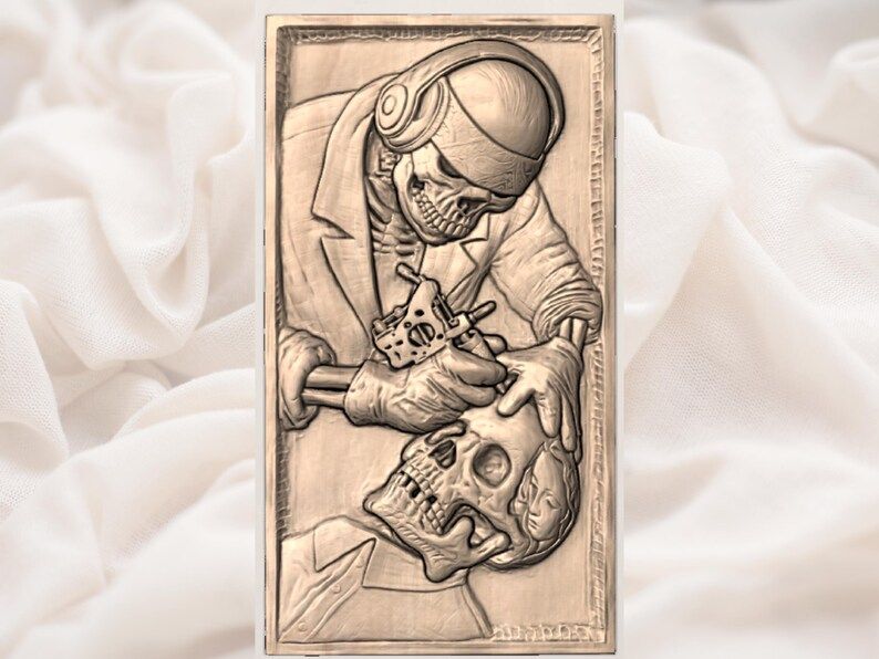 Skeleton Tattoo Artist Inking a Skull Bas-Relief STL bas-relief STL — view 2
