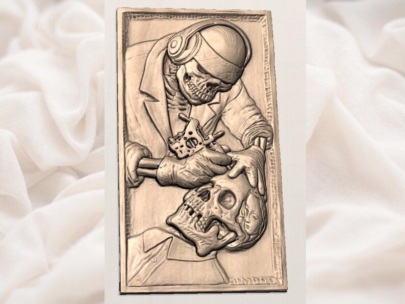 Skeleton Tattoo Artist Inking a Skull Bas-Relief STL bas-relief STL — view 3