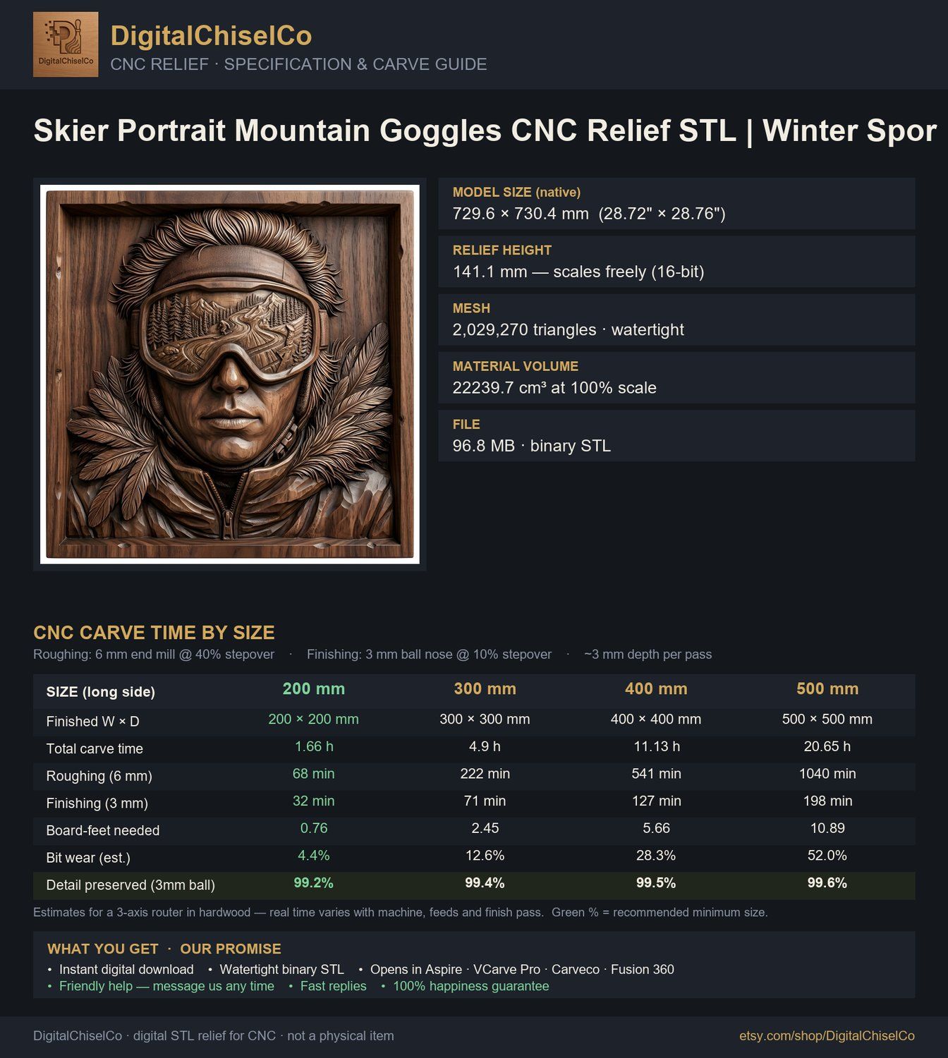 Skier Portrait Mountain Goggles CNC Relief STL bas-relief STL — view 2