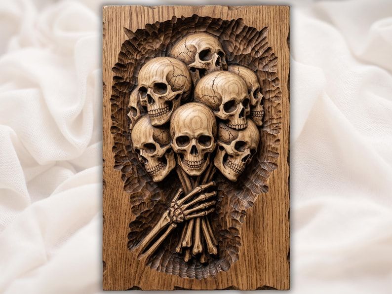 Bas-relief wood carving of six skulls bundled like a bouquet held by a skeletal hand in a carved oval frame.
