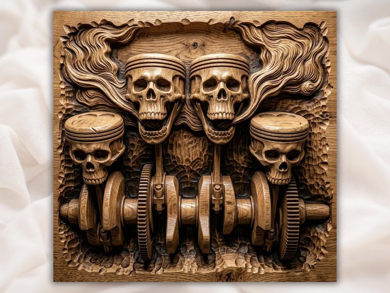 Carved wood bas-relief of four skulls fused with engine pistons over a crankshaft and gears