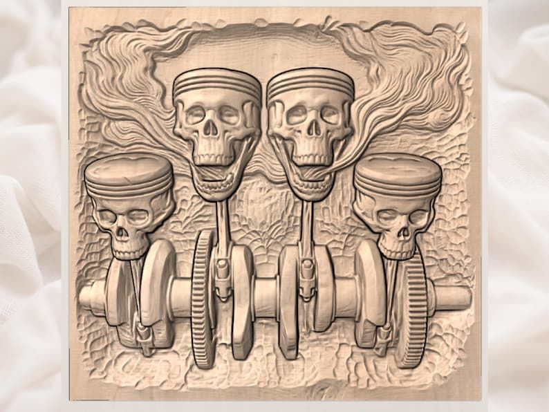 Skull Pistons and Crankshaft Engine Bas-Relief STL Carving bas-relief STL — view 2