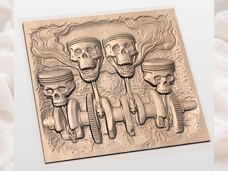 Skull Pistons and Crankshaft Engine Bas-Relief STL Carving bas-relief STL — view 3