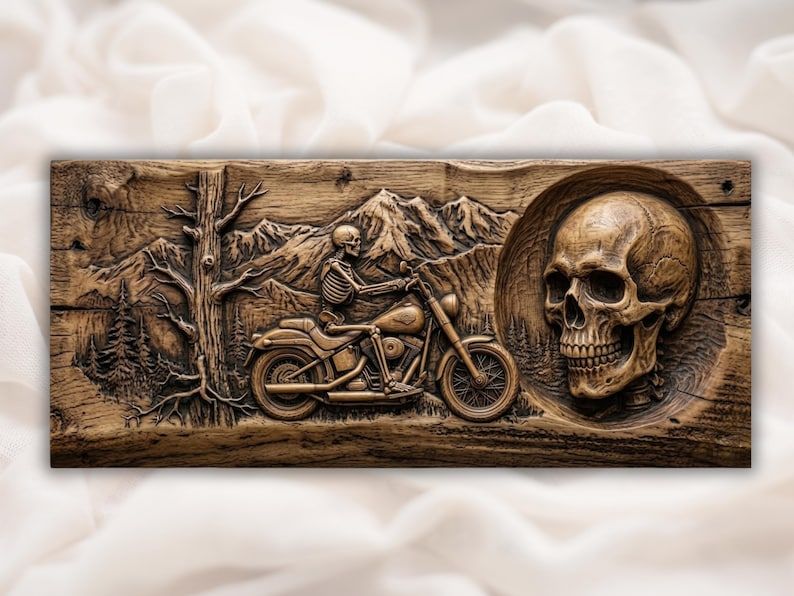 Carved wood bas-relief of a skeleton riding a motorcycle past mountains with a large skull on the right