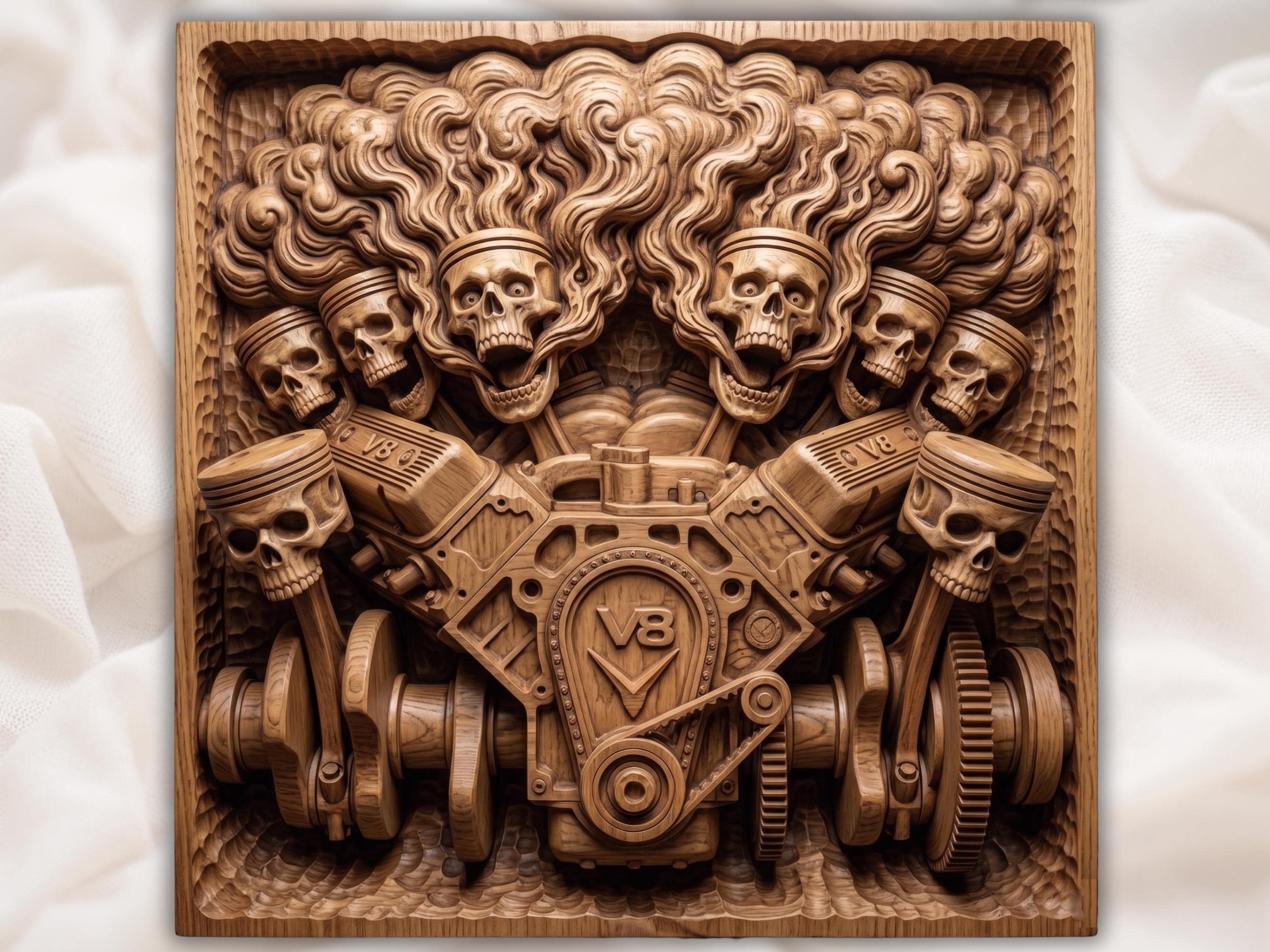 Carved wood bas-relief of two flaming skulls above a detailed V8 engine with timing chain and V8 badge