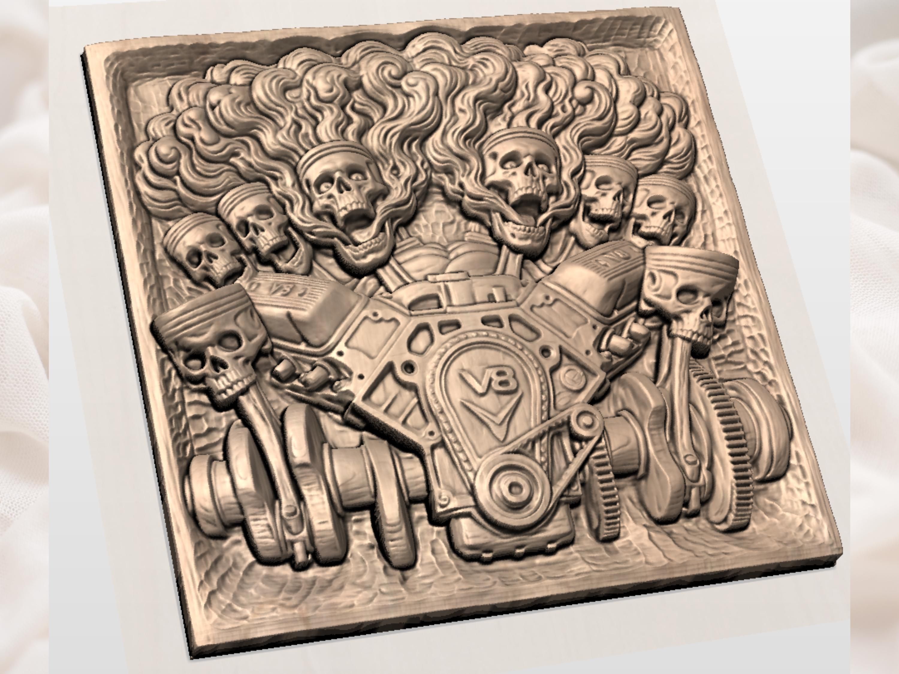 Twin Skull V8 Engine Bas-Relief with Flaming Exhaust STL bas-relief STL — view 2
