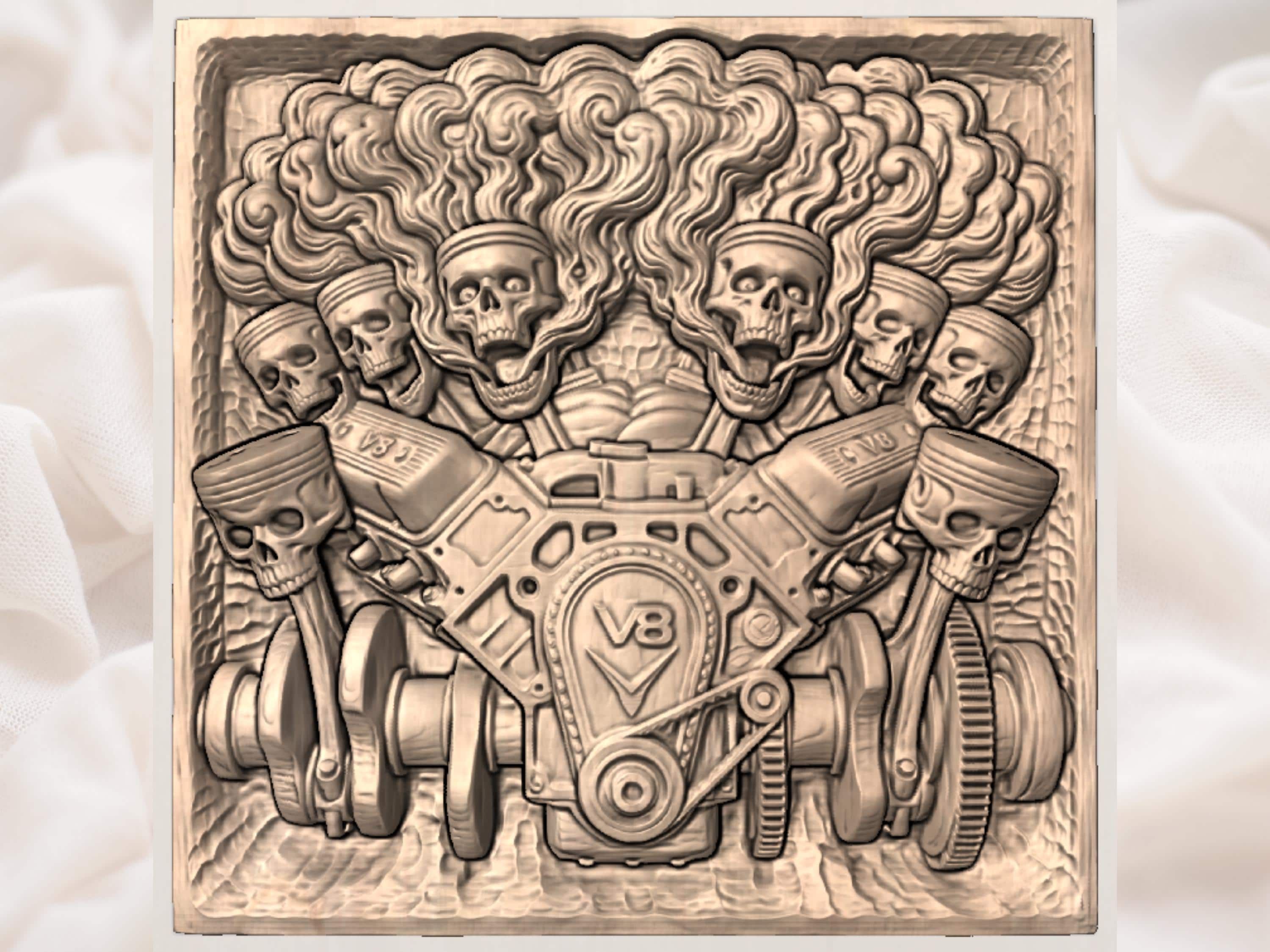 Twin Skull V8 Engine Bas-Relief with Flaming Exhaust STL bas-relief STL — view 3