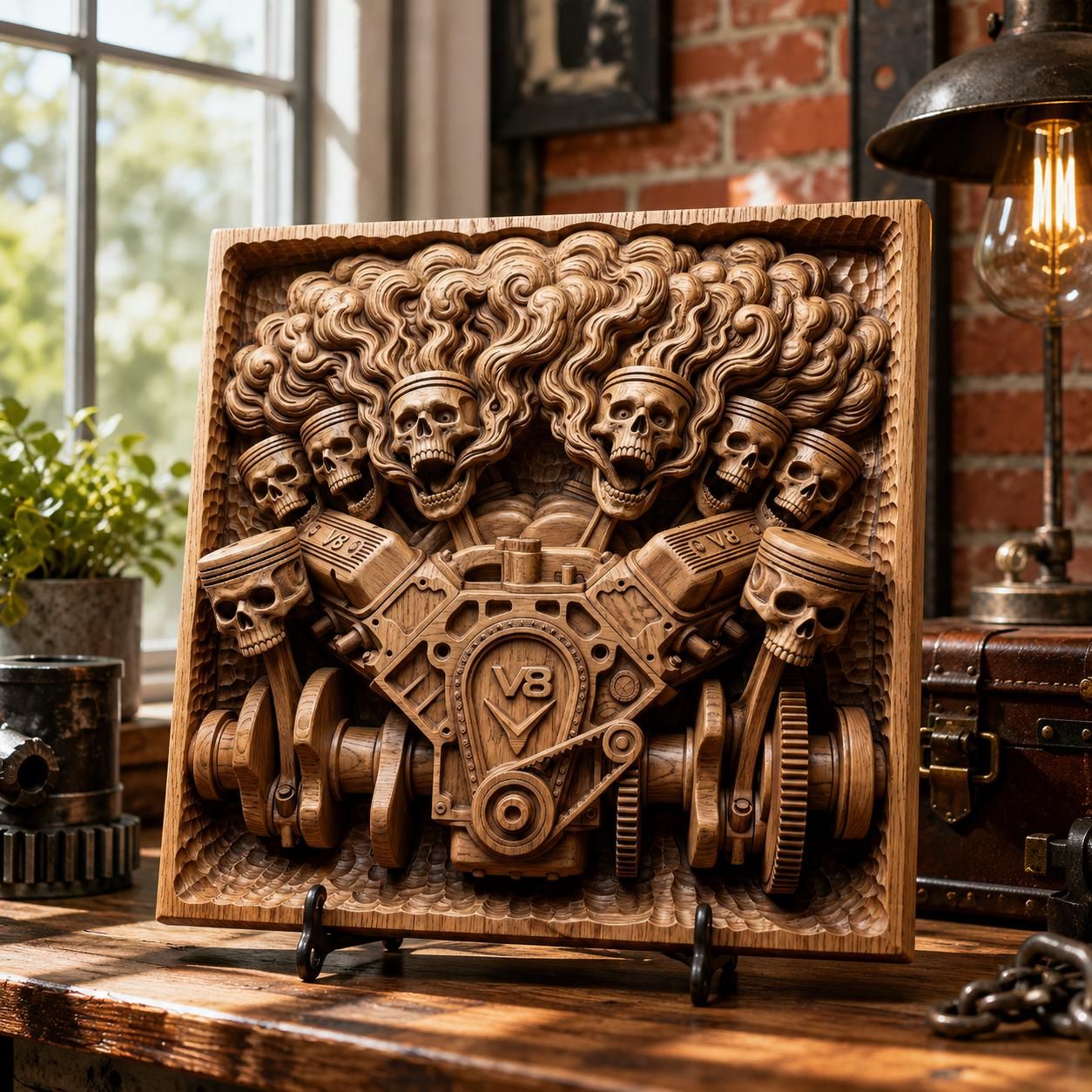 Twin Skull V8 Engine Bas-Relief with Flaming Exhaust STL bas-relief STL — view 4