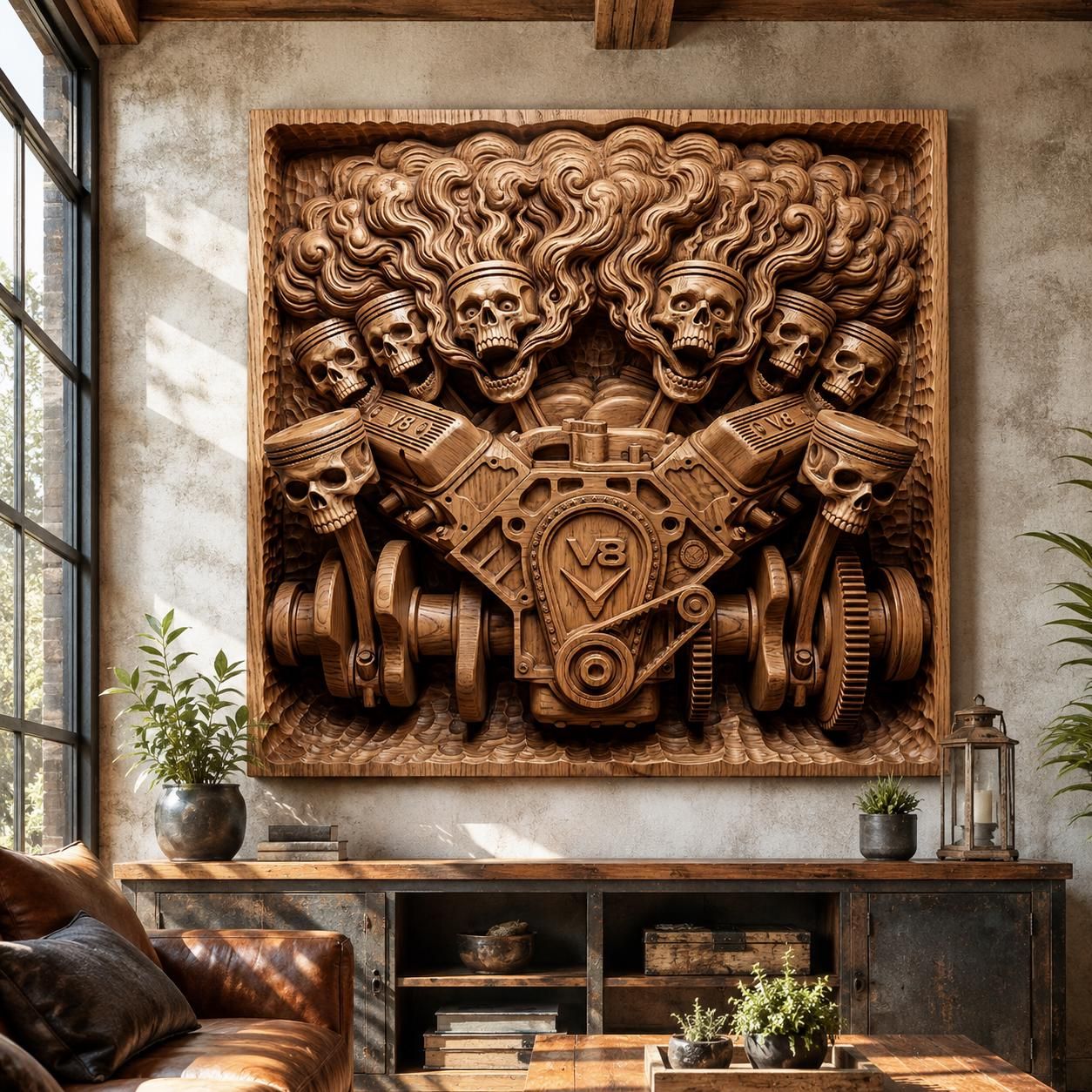 Twin Skull V8 Engine Bas-Relief with Flaming Exhaust STL bas-relief STL — view 6