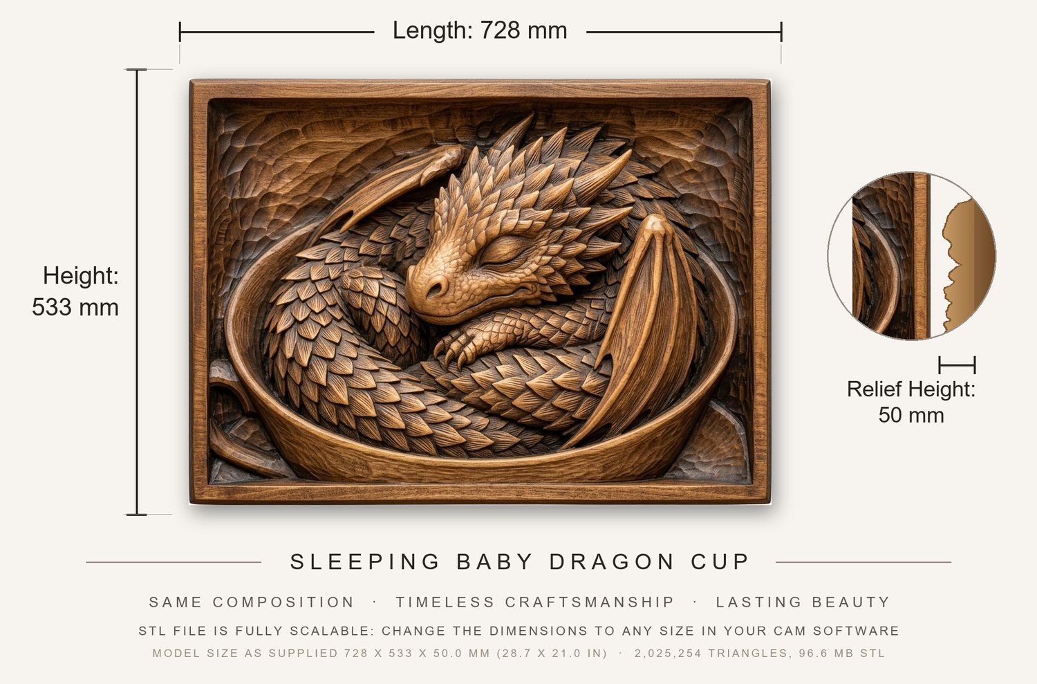 Sleeping Baby Dragon Cup CNC Relief STL bas-relief STL — view 3