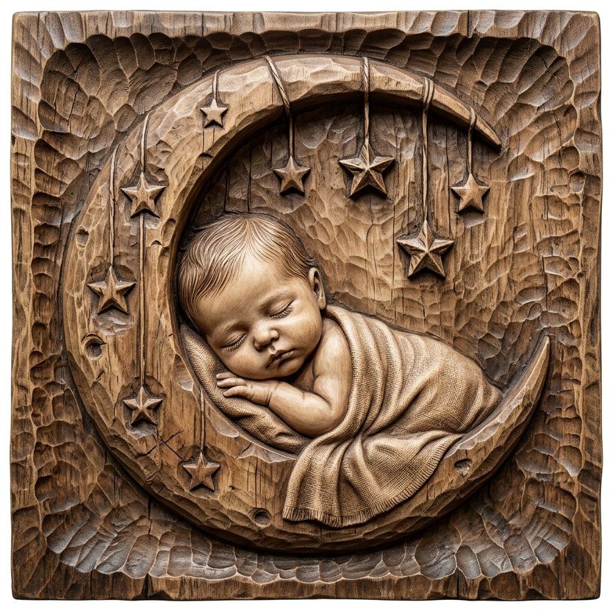 Sleeping Baby On Moon Celestial Nursery Decor CNC Relief STL | Moon and Stars Wood Carving | New Baby Gift Wall Art Panel — carved bas relief STL file for CNC