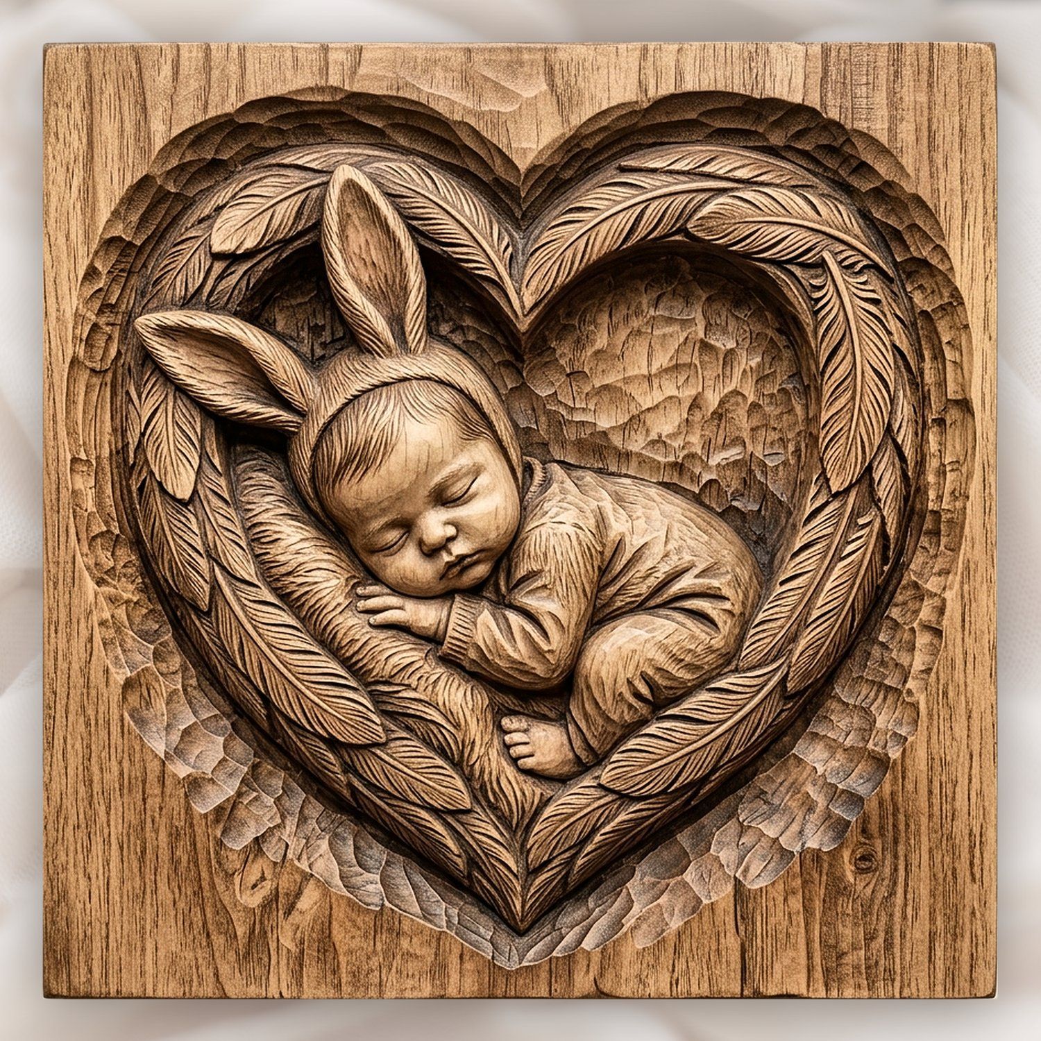 Sleeping Bunny Baby Heart Wreath CNC Relief STL bas-relief STL design