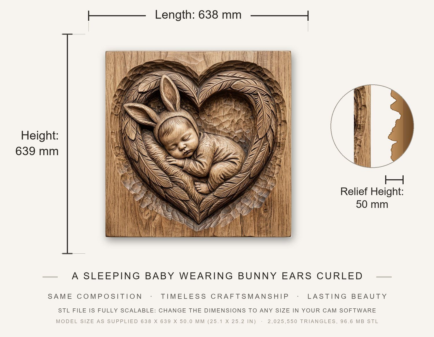 Sleeping Bunny Baby Heart Wreath CNC Relief STL bas-relief STL — view 3