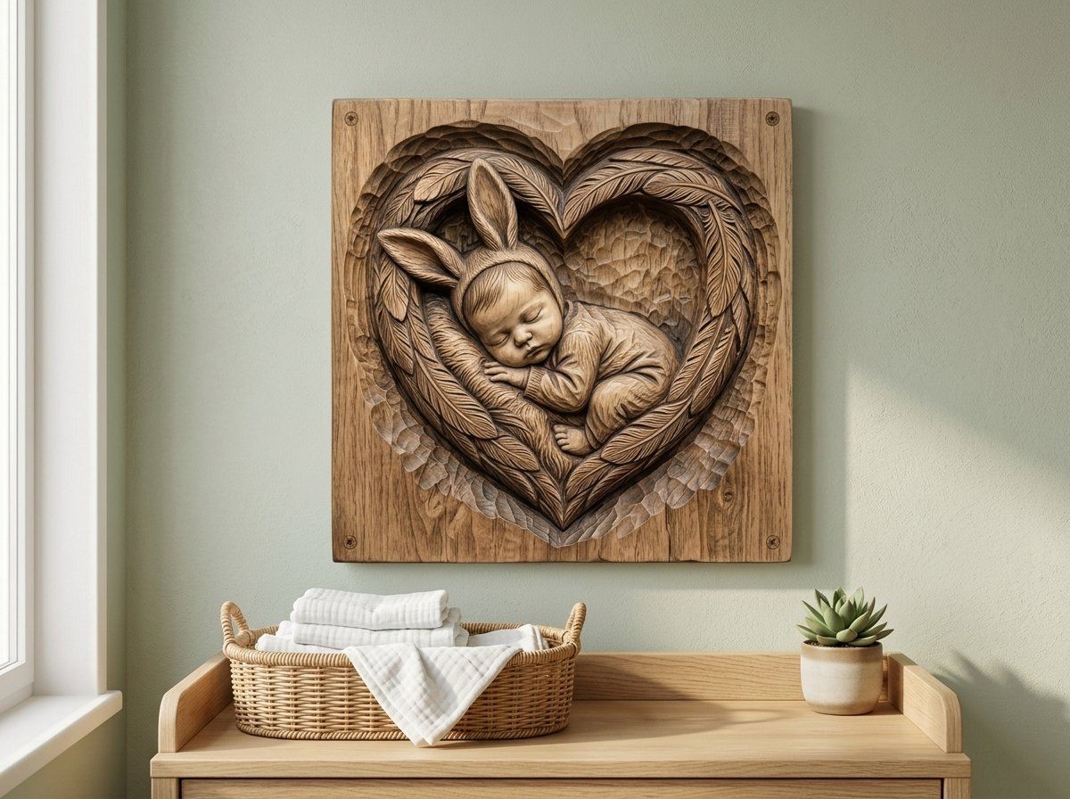 Sleeping Bunny Baby Heart Wreath CNC Relief STL bas-relief STL — view 12