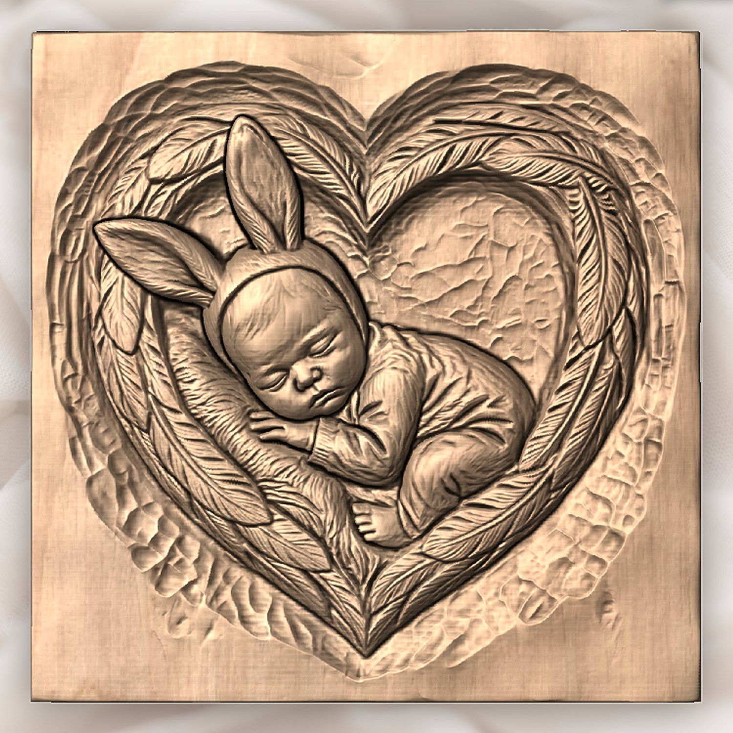 Sleeping Bunny Baby Heart Wreath CNC Relief STL bas-relief STL — view 4