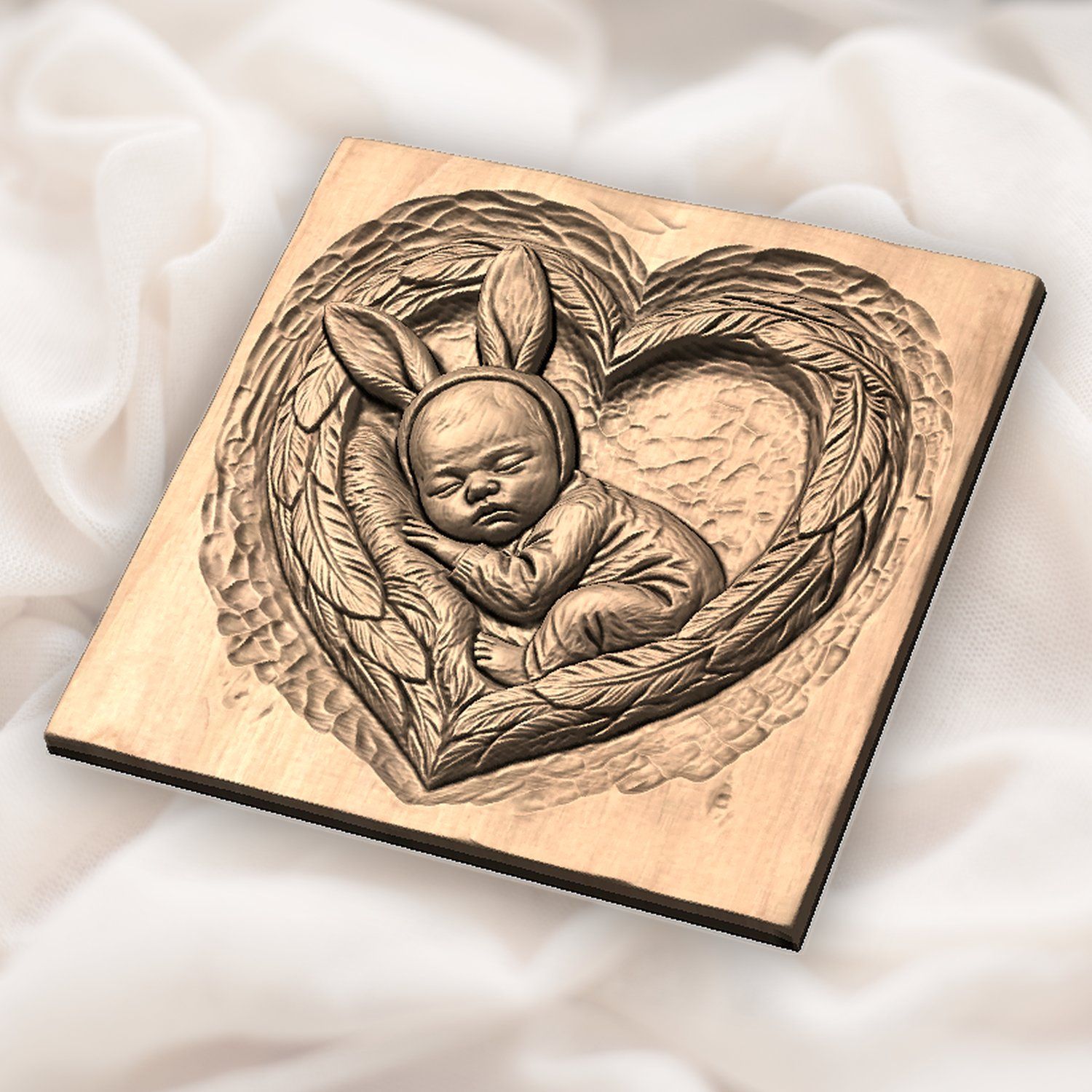 Sleeping Bunny Baby Heart Wreath CNC Relief STL bas-relief STL — view 5