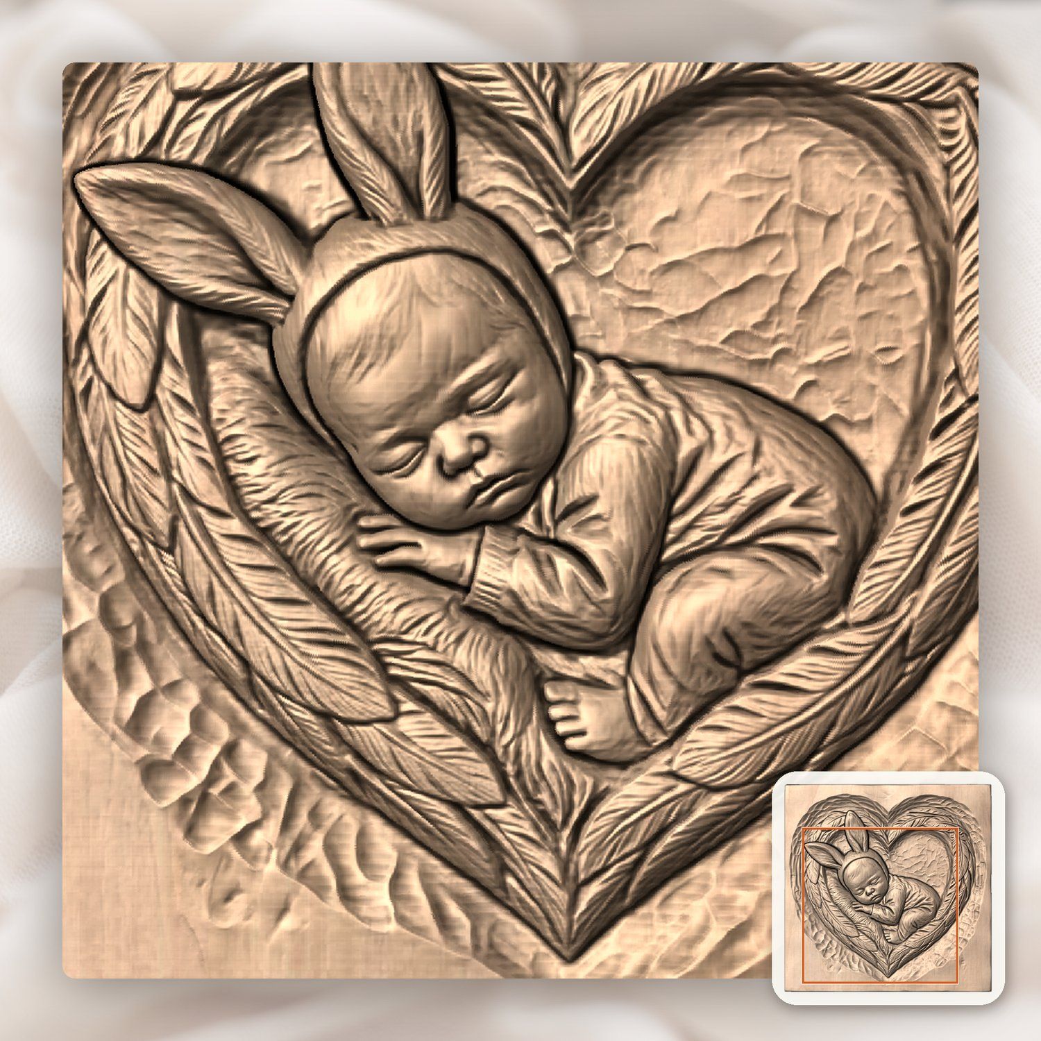 Sleeping Bunny Baby Heart Wreath CNC Relief STL bas-relief STL — view 6