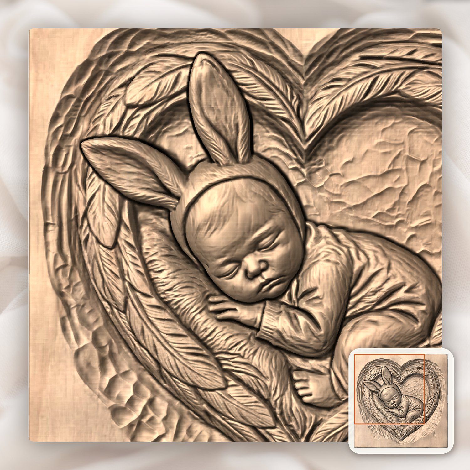 Sleeping Bunny Baby Heart Wreath CNC Relief STL bas-relief STL — view 7