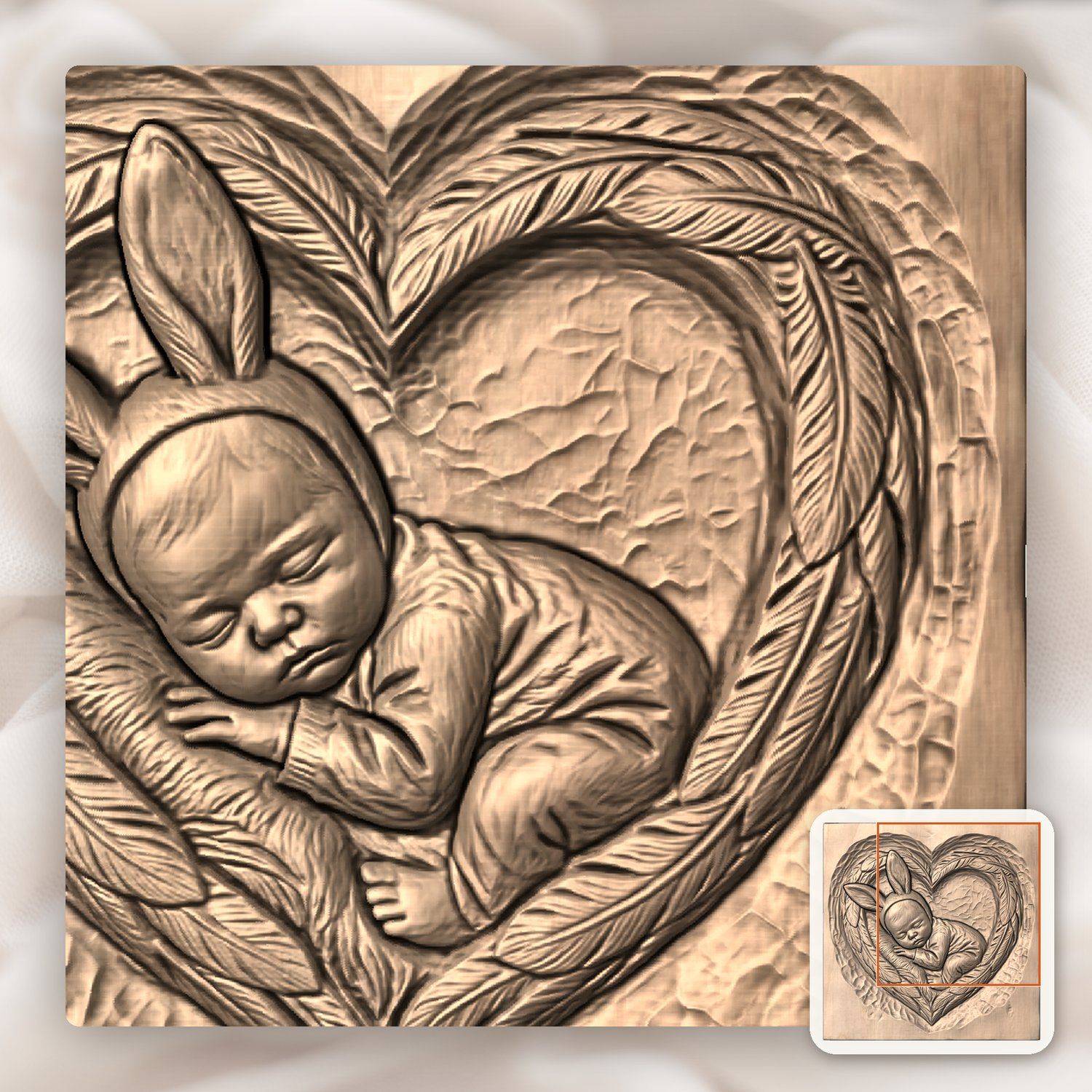 Sleeping Bunny Baby Heart Wreath CNC Relief STL bas-relief STL — view 8