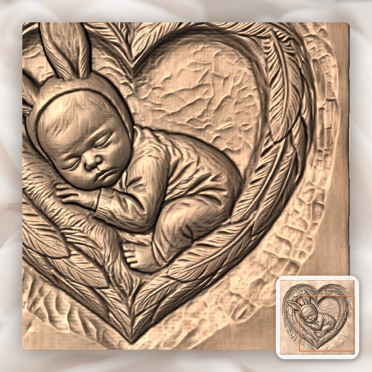 Sleeping Bunny Baby Heart Wreath CNC Relief STL bas-relief STL — view 9