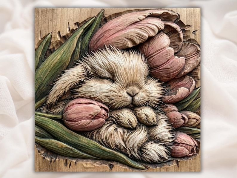 Bas-relief carving of a sleeping bunny nestled among pink tulips and green leaves on wood