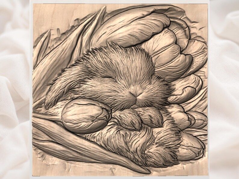 Sleeping Bunny Nestled in Tulips Bas-Relief STL bas-relief STL — view 2