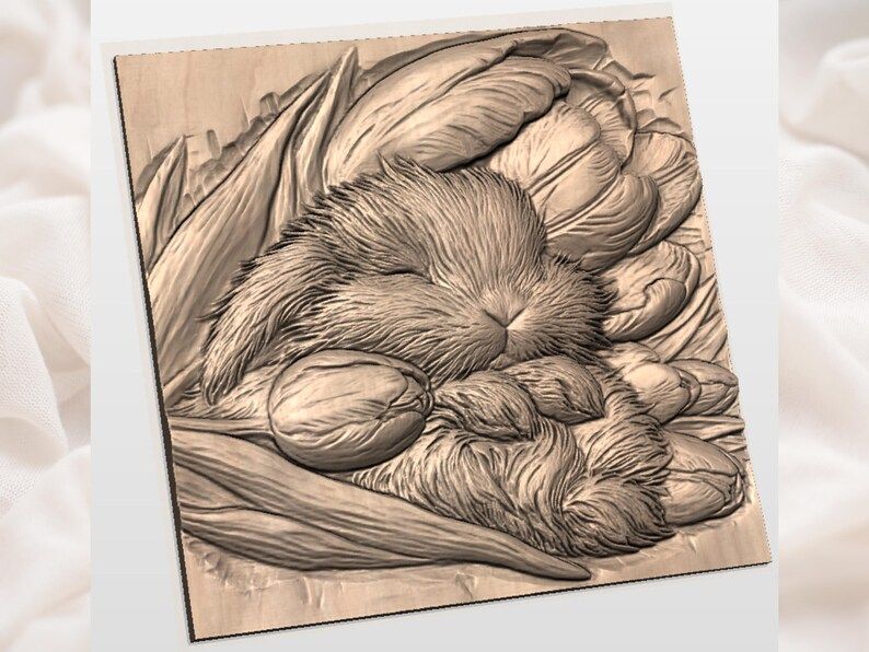 Sleeping Bunny Nestled in Tulips Bas-Relief STL bas-relief STL — view 3