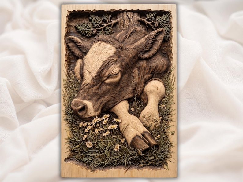 Carved wood bas-relief of a sleeping calf resting in meadow grass with daisies and pine branches