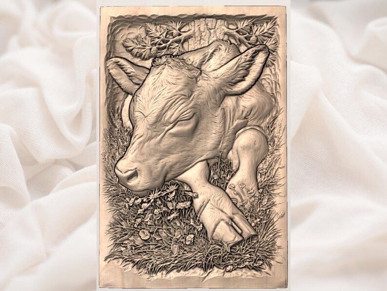 Sleeping Calf in a Wildflower Meadow Bas-Relief STL bas-relief STL — view 2