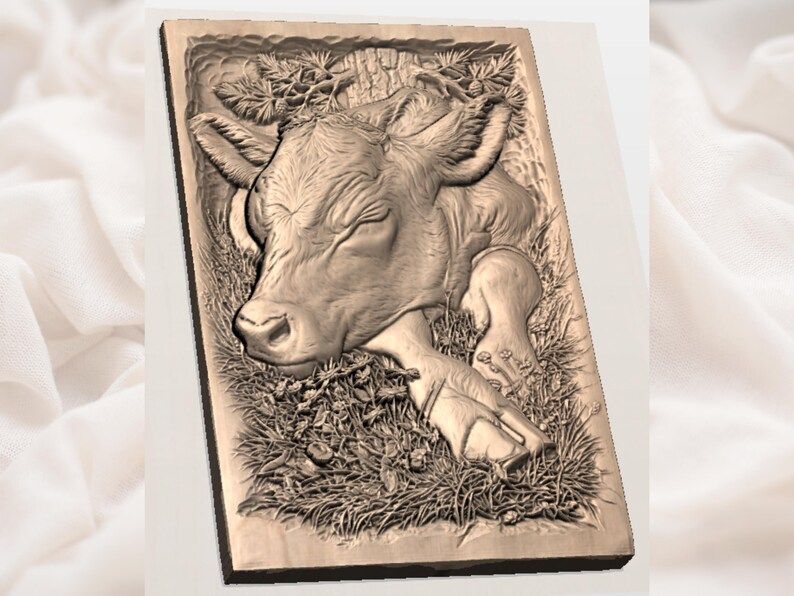 Sleeping Calf in a Wildflower Meadow Bas-Relief STL bas-relief STL — view 3