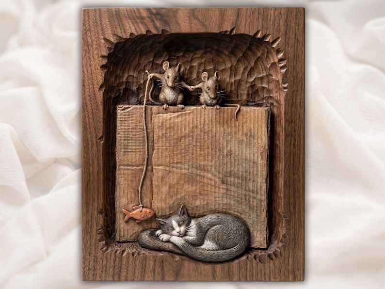 Bas-relief carving of a sleeping cat with two mice dangling a fish on a string over a cardboard box