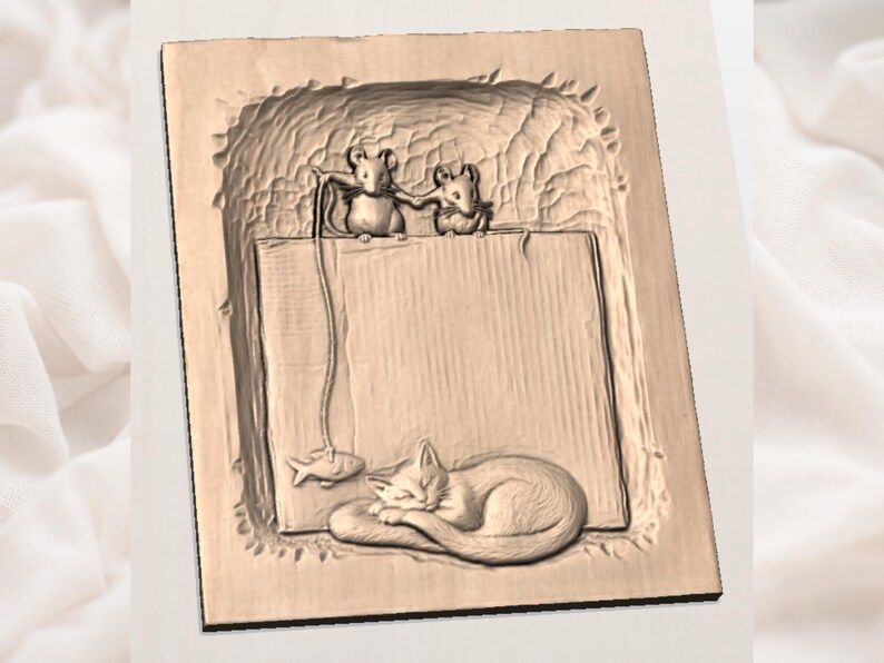 Sleeping Cat and Two Mice Fishing Bas-Relief STL Scene bas-relief STL — view 2