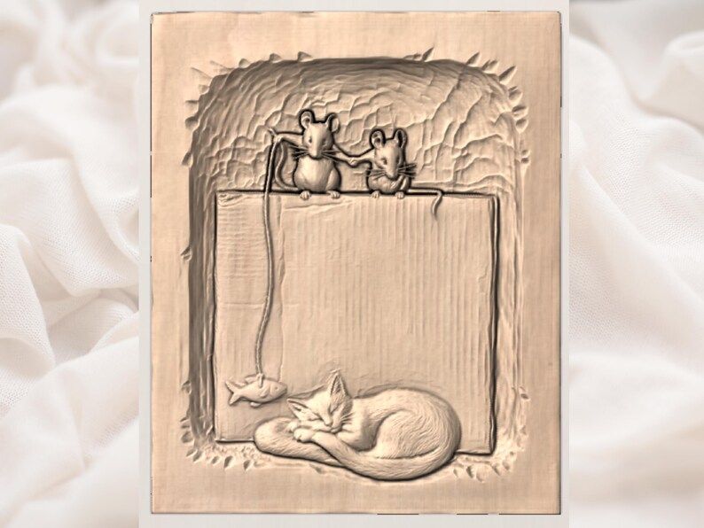 Sleeping Cat and Two Mice Fishing Bas-Relief STL Scene bas-relief STL — view 3
