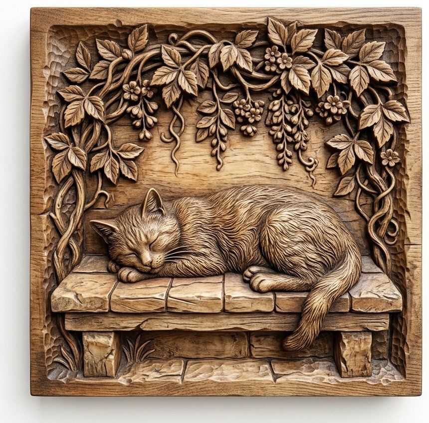Sleeping Cat Garden Bench Wood Wall Art CNC Relief STL | Rustic Feline Pet Decor Design | Ornamental Floral Vine Panel — carved bas relief STL file for CNC