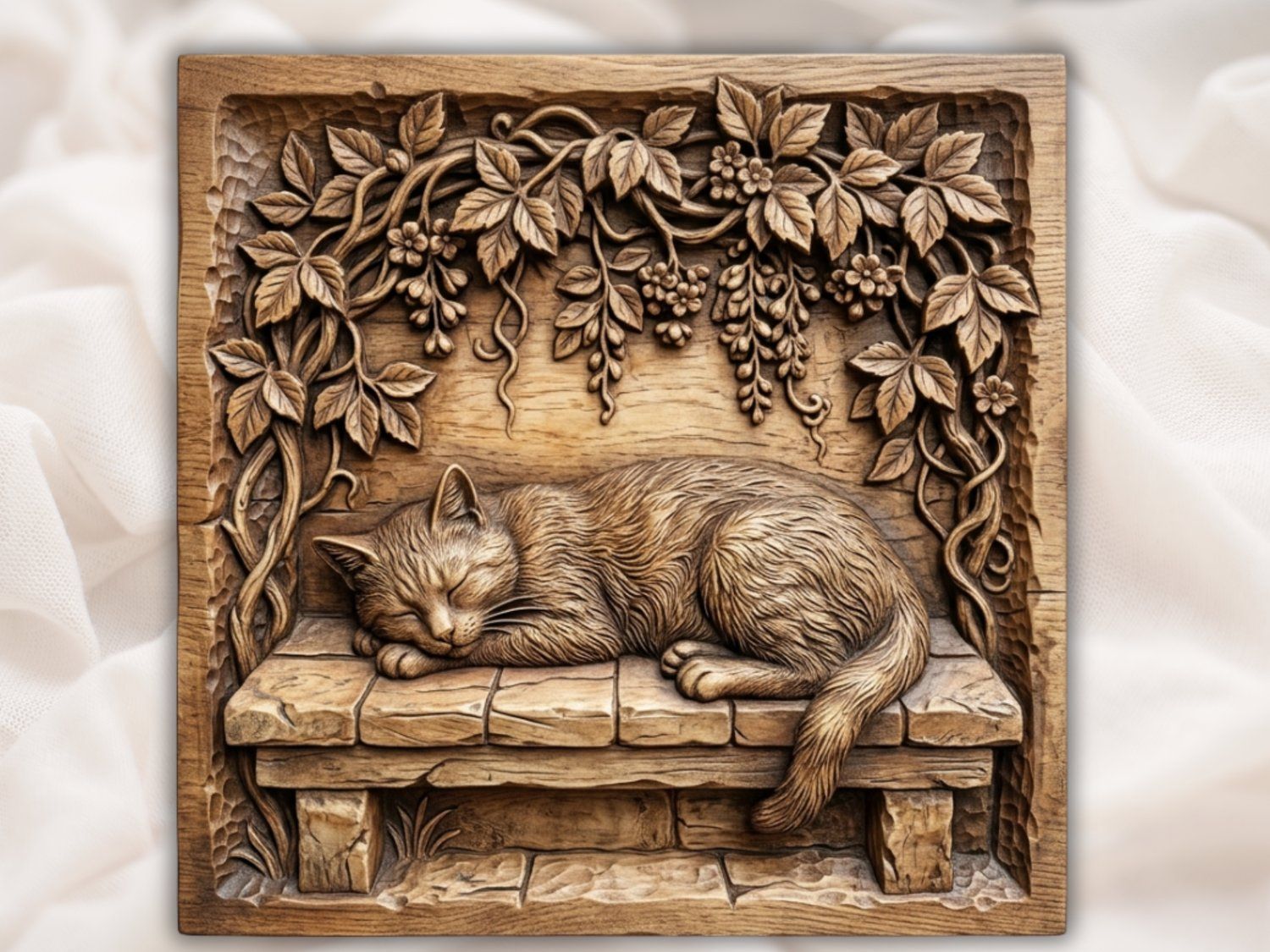 Sleeping Cat Garden Bench Wood Wall Art CNC Relief STL bas-relief STL — view 2