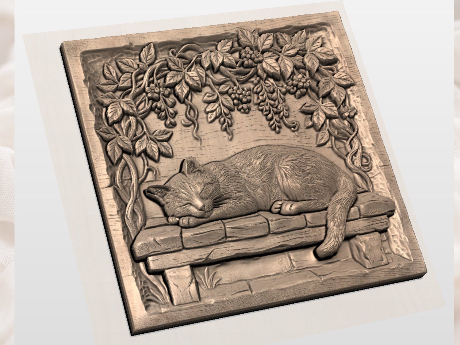 Sleeping Cat Garden Bench Wood Wall Art CNC Relief STL bas-relief STL — view 3