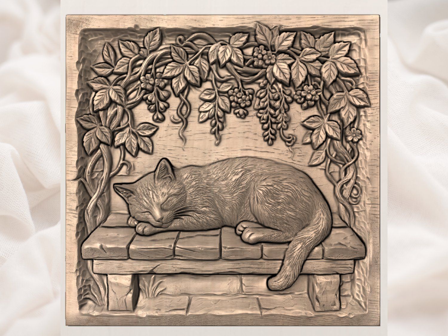 Sleeping Cat Garden Bench Wood Wall Art CNC Relief STL bas-relief STL — view 4