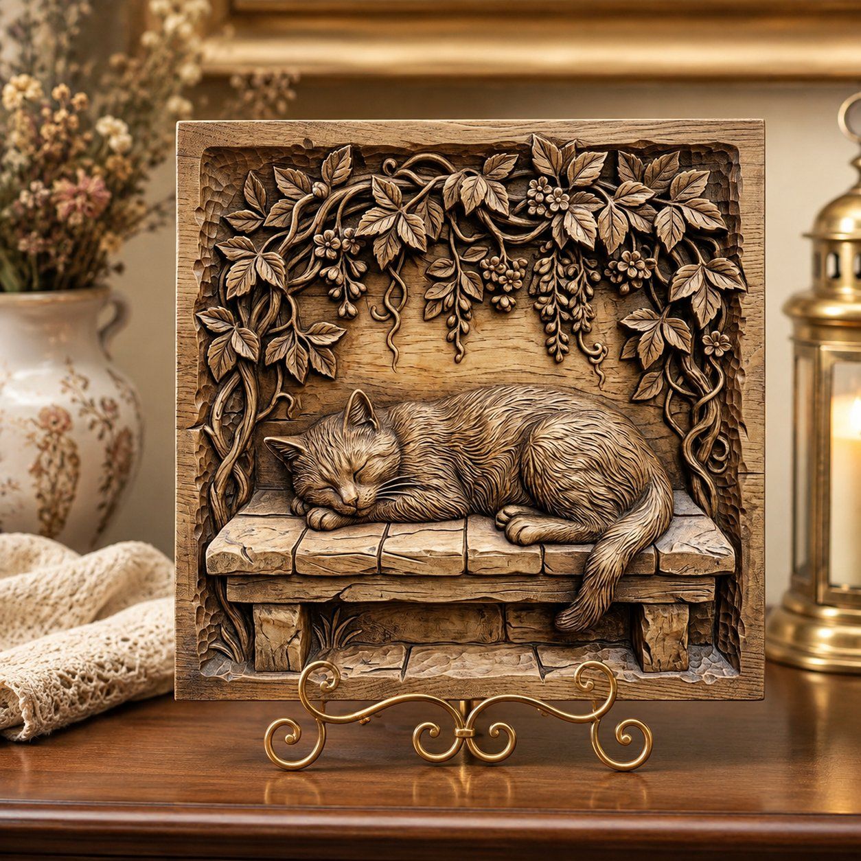 Sleeping Cat Garden Bench Wood Wall Art CNC Relief STL bas-relief STL — view 7