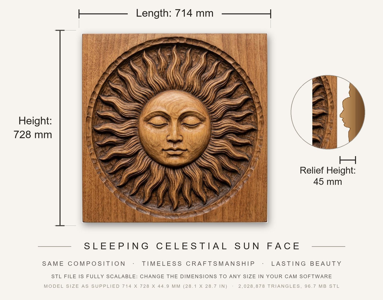 Sleeping Celestial Sun Face CNC Relief STL bas-relief STL — view 3