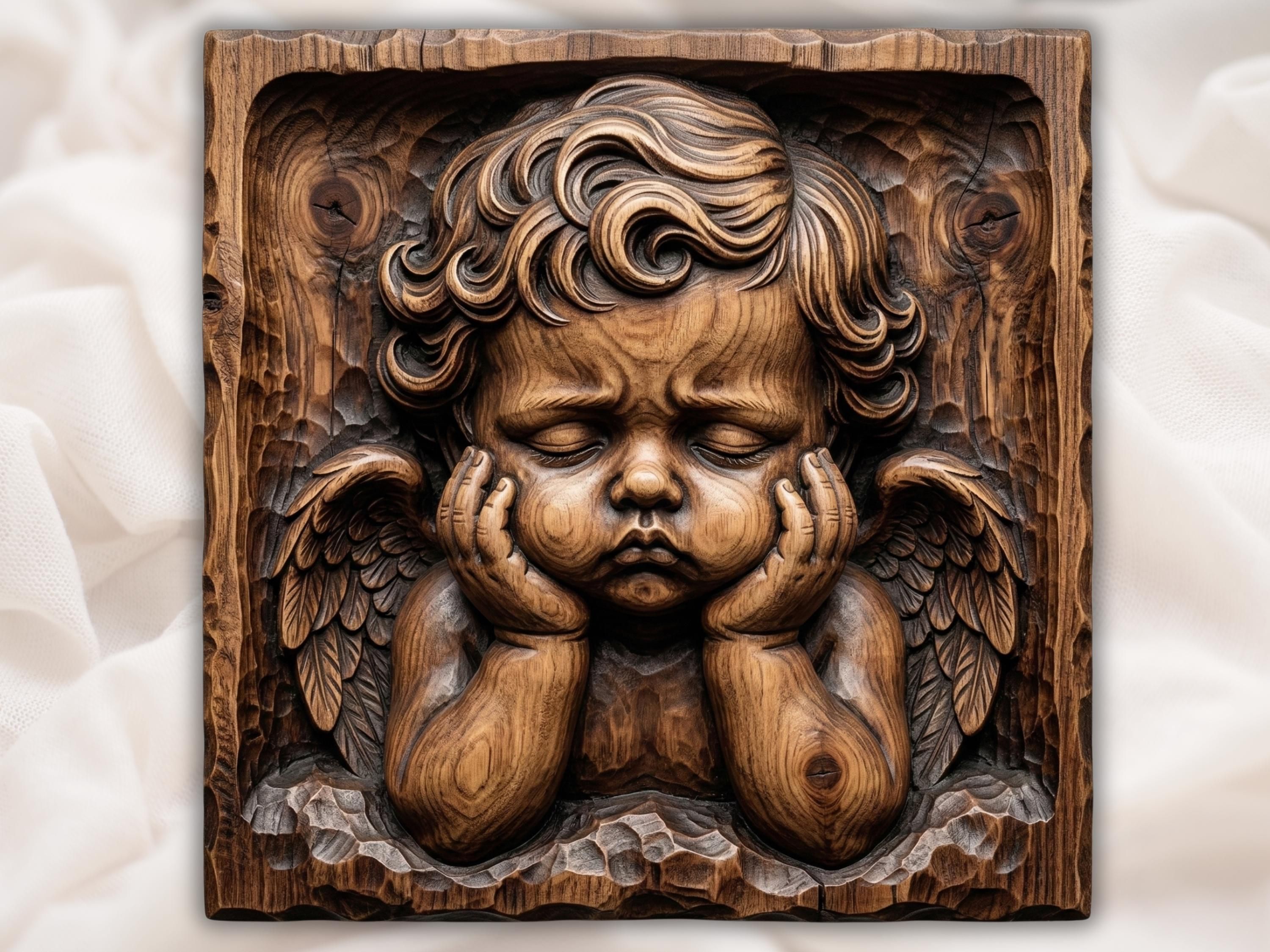 Wood-carved bas-relief of a sleeping child resting both cheeks on cupped hands, with flowing curly hair.